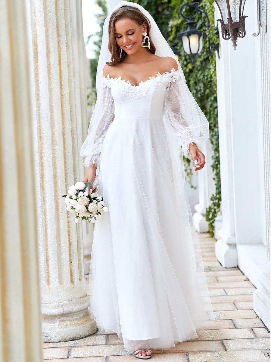 Color=Cream | A Line Off Shoulder V Neck Applique Wedding Dress-Cream 3