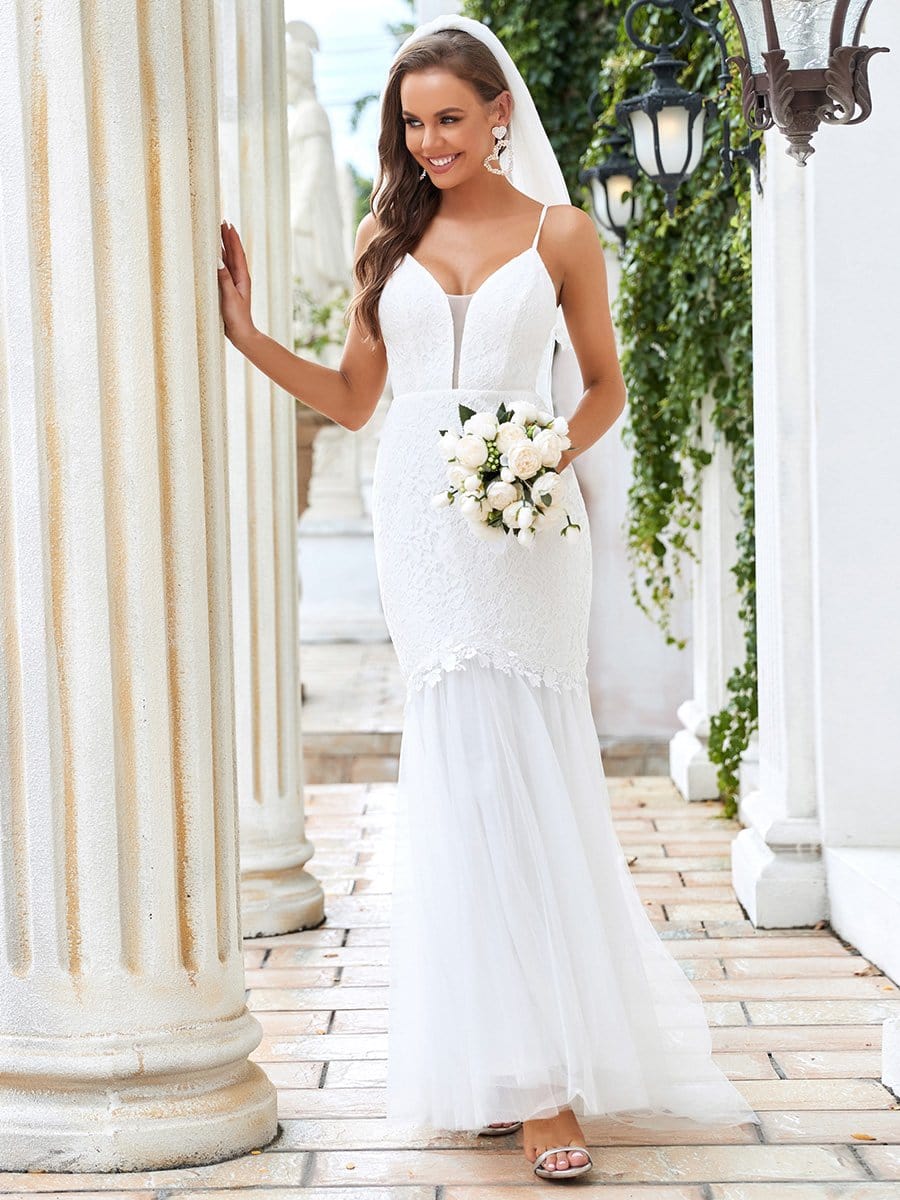 Color=Cream | Sexy Deep V Neck Spaghetti Strap Mermaid Wedding Dress-Cream 3