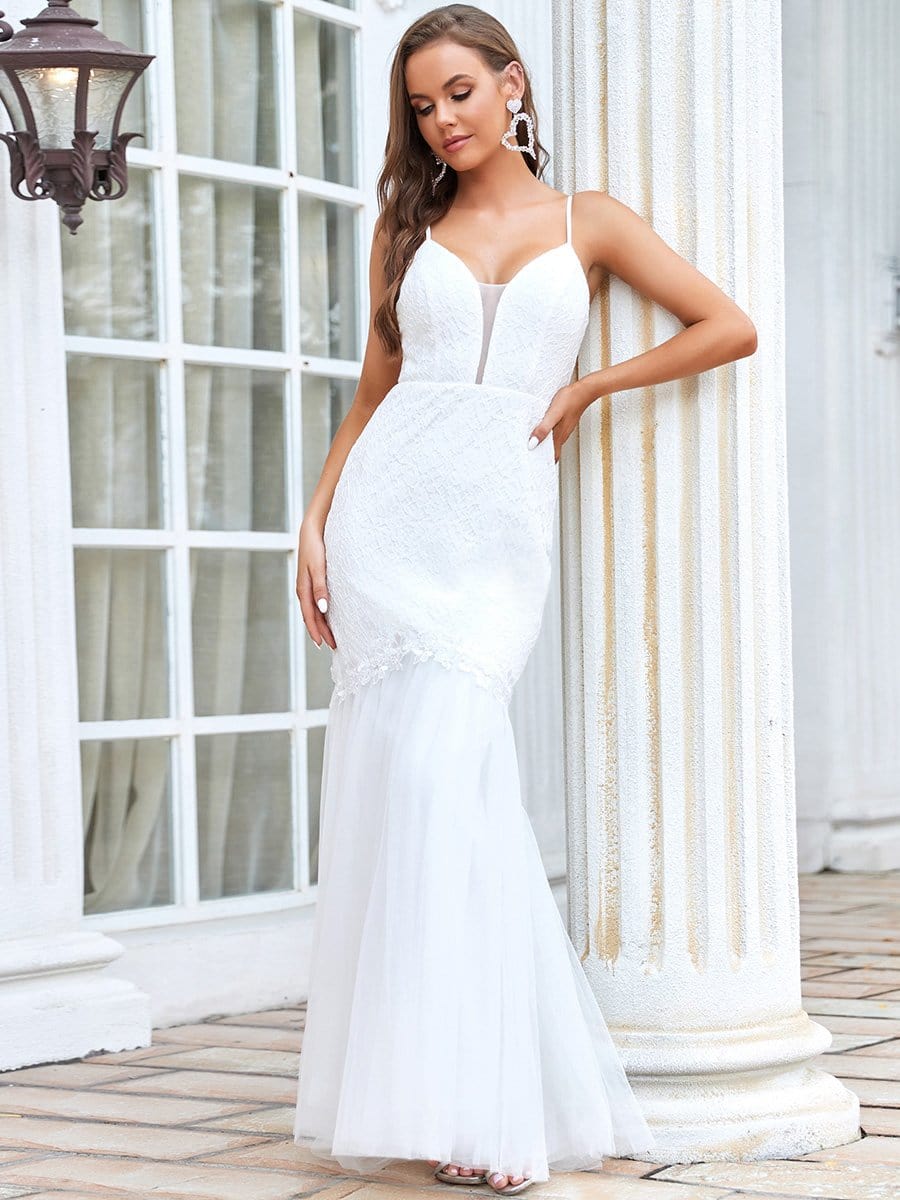 Color=Cream | Sexy Deep V Neck Spaghetti Strap Mermaid Wedding Dress-Cream 5