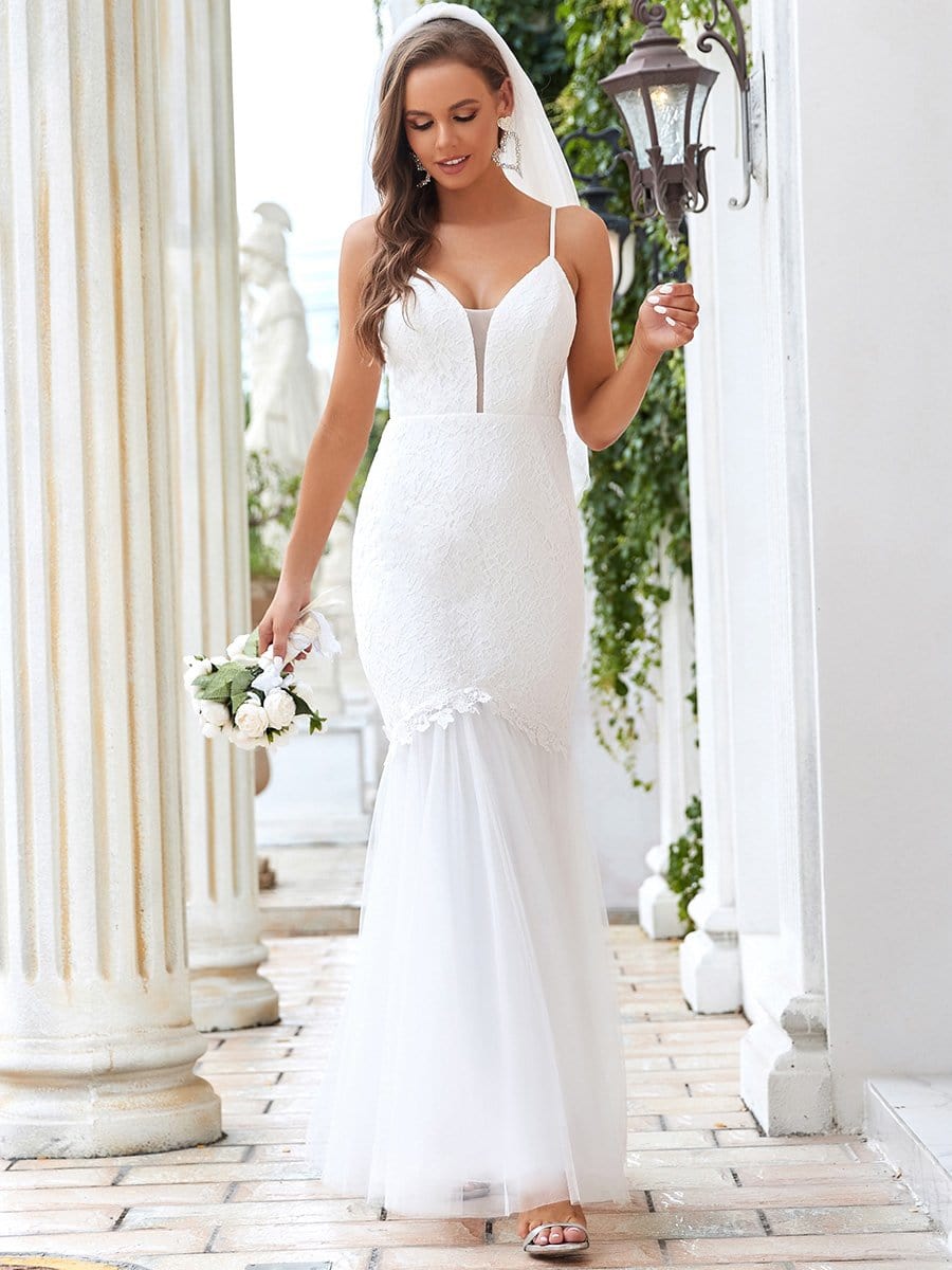 Color=Cream | Sexy Deep V Neck Spaghetti Strap Mermaid Wedding Dress-Cream 1