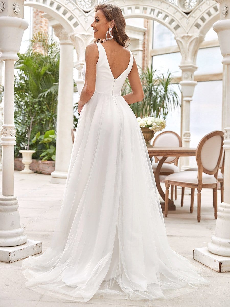 Color=Cream | Deep V Neck Applique High-Low Wedding Dress-Cream 2