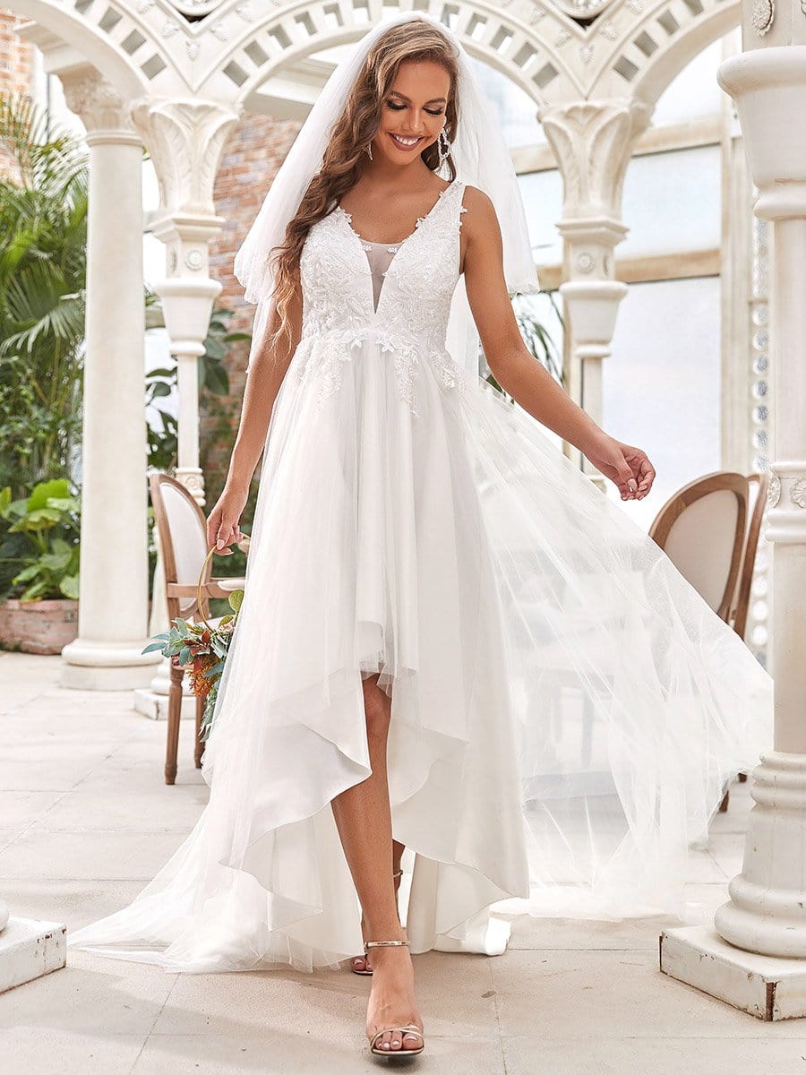 Color=Cream | Deep V Neck Applique High-Low Wedding Dress-Cream 1