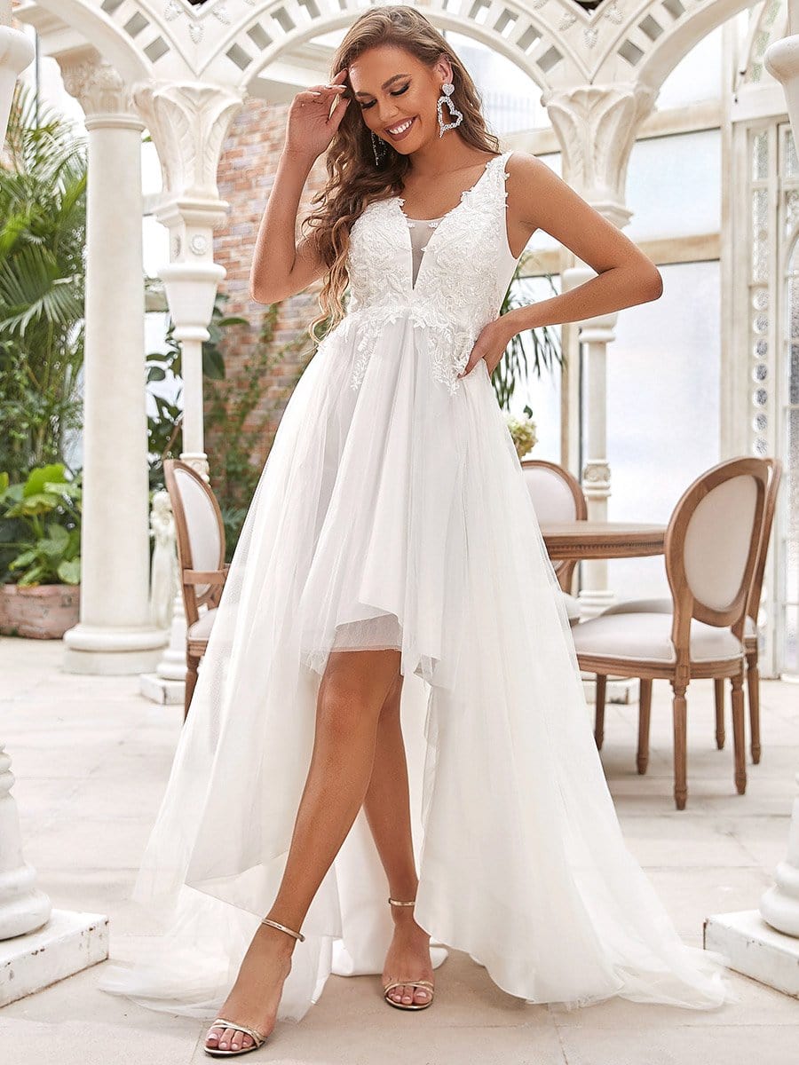 Color=Cream | Deep V Neck Applique High-Low Wedding Dress-Cream 3