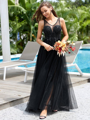 Color=Black | Sexy Split Sweetheart Long Applique Tulle Wedding Dress-Black 3