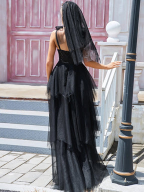 Color=Black | Sleeveless Spaghetti Straps A-Line Long Wedding Dress-Black 2