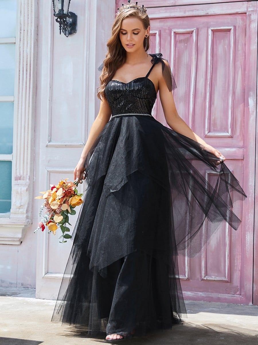 Color=Black | Sleeveless Spaghetti Straps A-Line Long Wedding Dress-Black 3