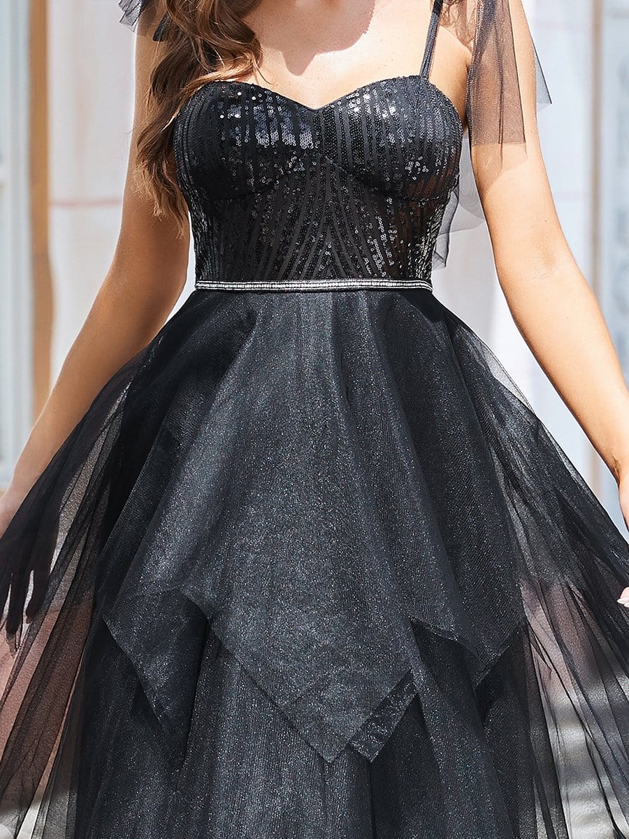 Color=Black | Sleeveless Spaghetti Straps A-Line Long Wedding Dress-Black 4