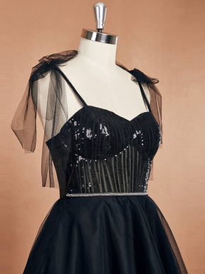 Color=Black | Sleeveless Spaghetti Straps A-Line Long Wedding Dress-Black 6
