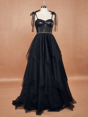 Color=Black | Sleeveless Spaghetti Straps A-Line Long Wedding Dress-Black 7