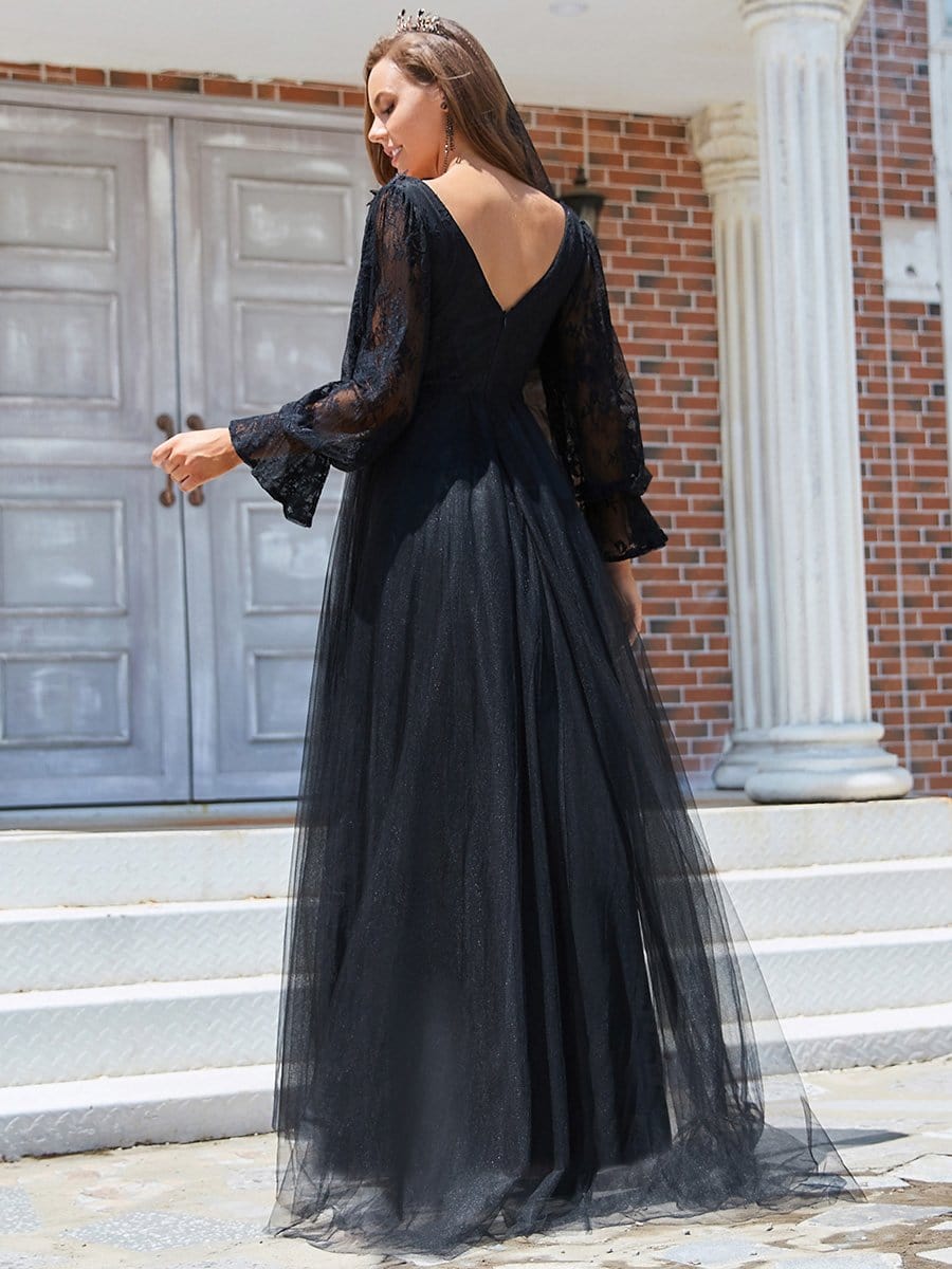 Color=Black | Deep V Neck See-Through Long Sleeves Lace Wedding Dress-Black 2
