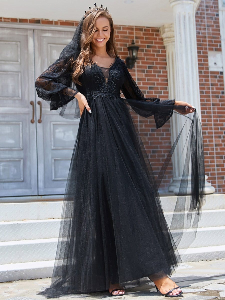 Color=Black | Deep V Neck See-Through Long Sleeves Lace Wedding Dress-Black 5