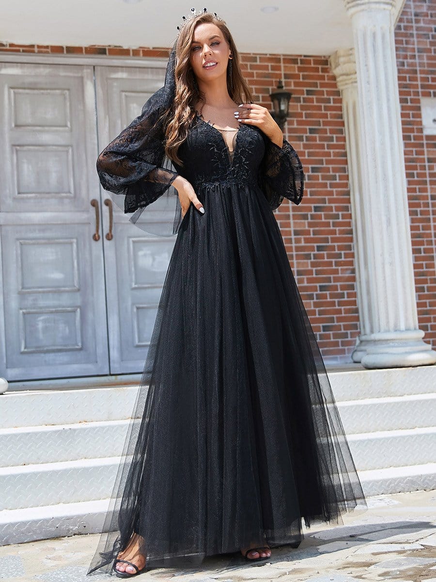 Color=Black | Deep V Neck See-Through Long Sleeves Lace Wedding Dress-Black 3