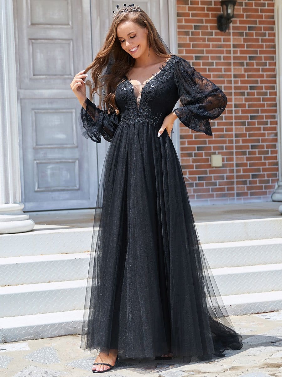 Color=Black | Deep V Neck See-Through Long Sleeves Lace Wedding Dress-Black 1