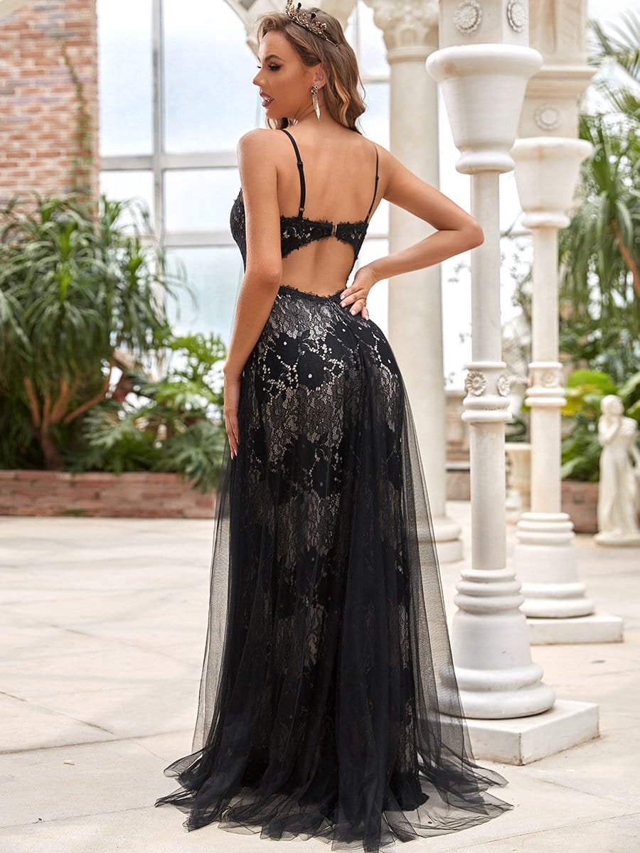 Color=Black | Sleeveless Mermaid Lace Black Wedding Dress-Black 2