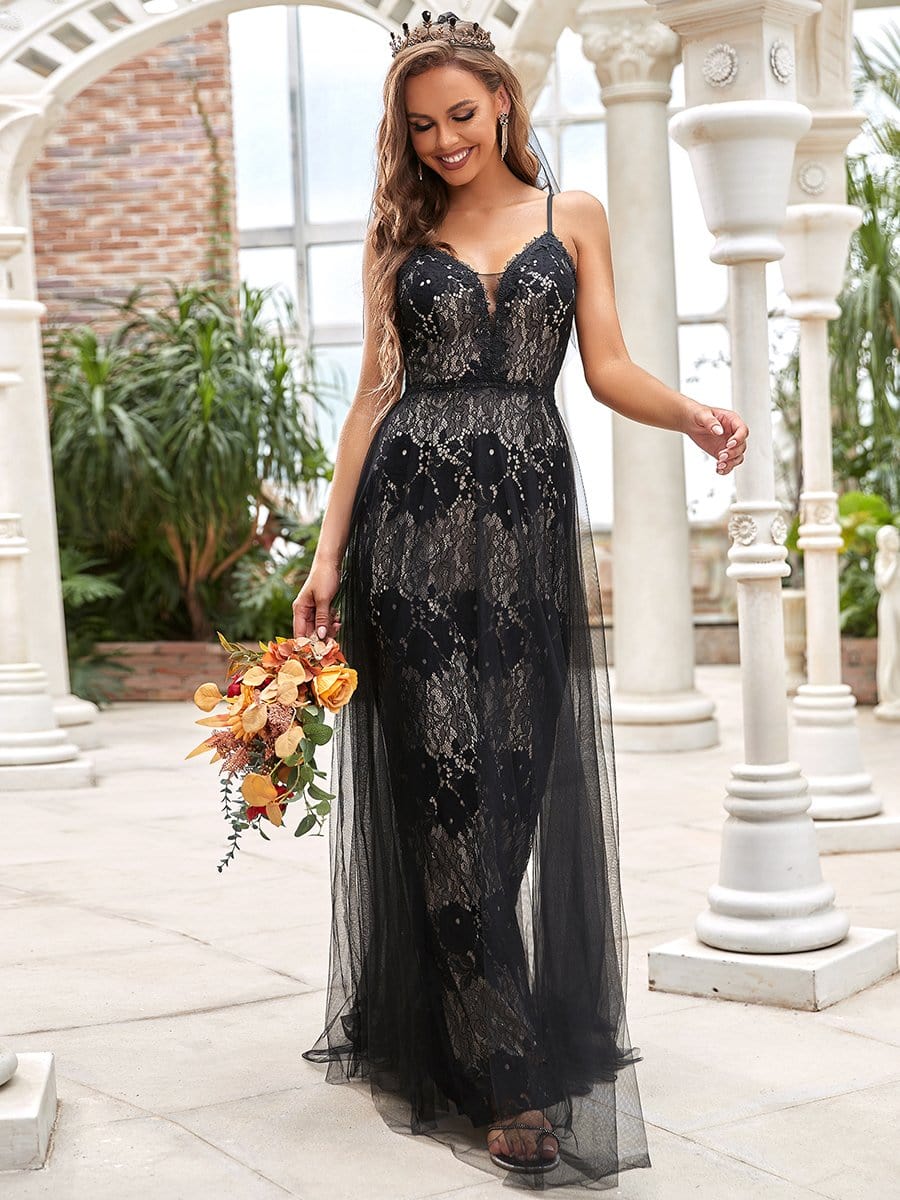 Color=Black | Sleeveless Mermaid Lace Black Wedding Dress-Black 5