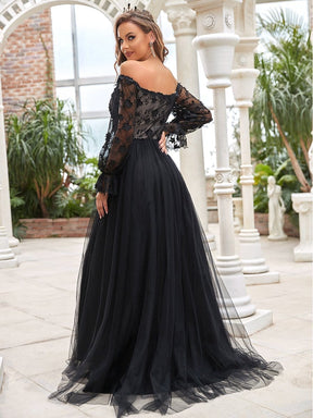 Color=Black | Chic V Neck Empire Waist Long Sleeves Black Wedding Dresses-Black 2