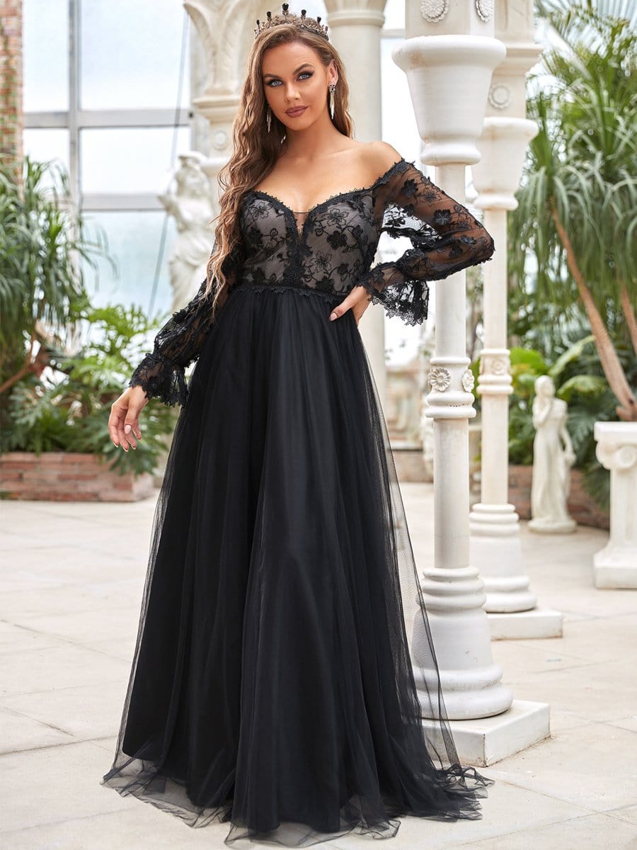 Color=Black | Chic V Neck Empire Waist Long Sleeves Black Wedding Dresses-Black 3