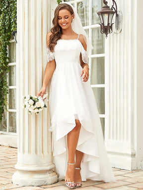 Color=Cream | Cold Shoulder Spaghetti Straps High Low Lace Wedding Dress-Cream 5