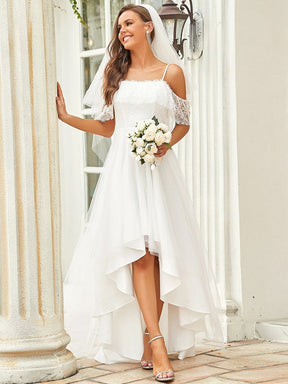 Color=Cream | Cold Shoulder Spaghetti Straps High Low Lace Wedding Dress-Cream 3