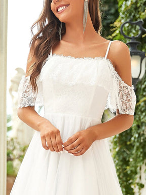 Color=Cream | Cold Shoulder Spaghetti Straps High Low Lace Wedding Dress-Cream 4