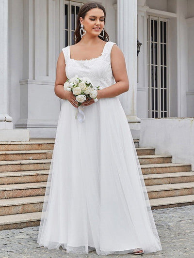 A Line Floral Applique Long Plus Size Wedding Dress