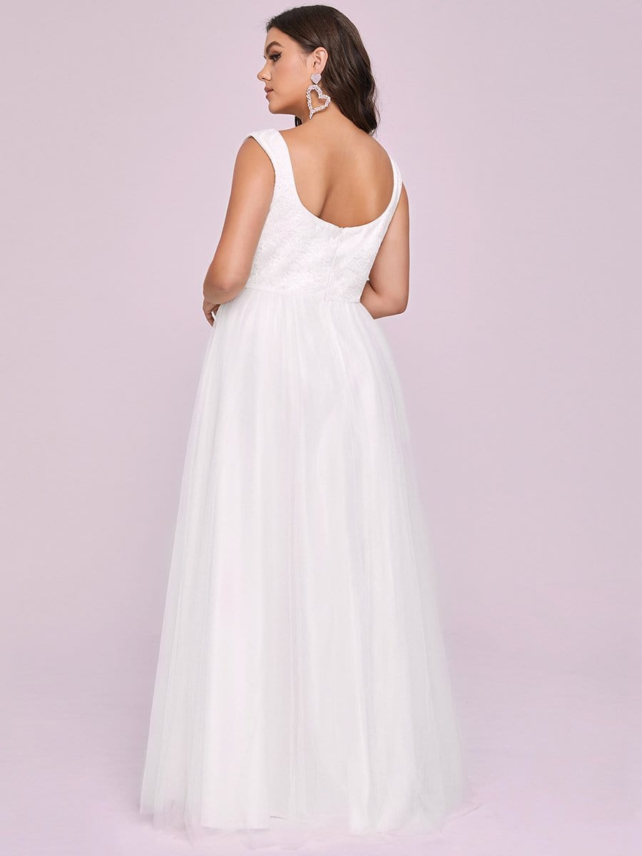 Color=Cream | A Line Floral Applique Long Plus Size Wedding Dress-Cream 5
