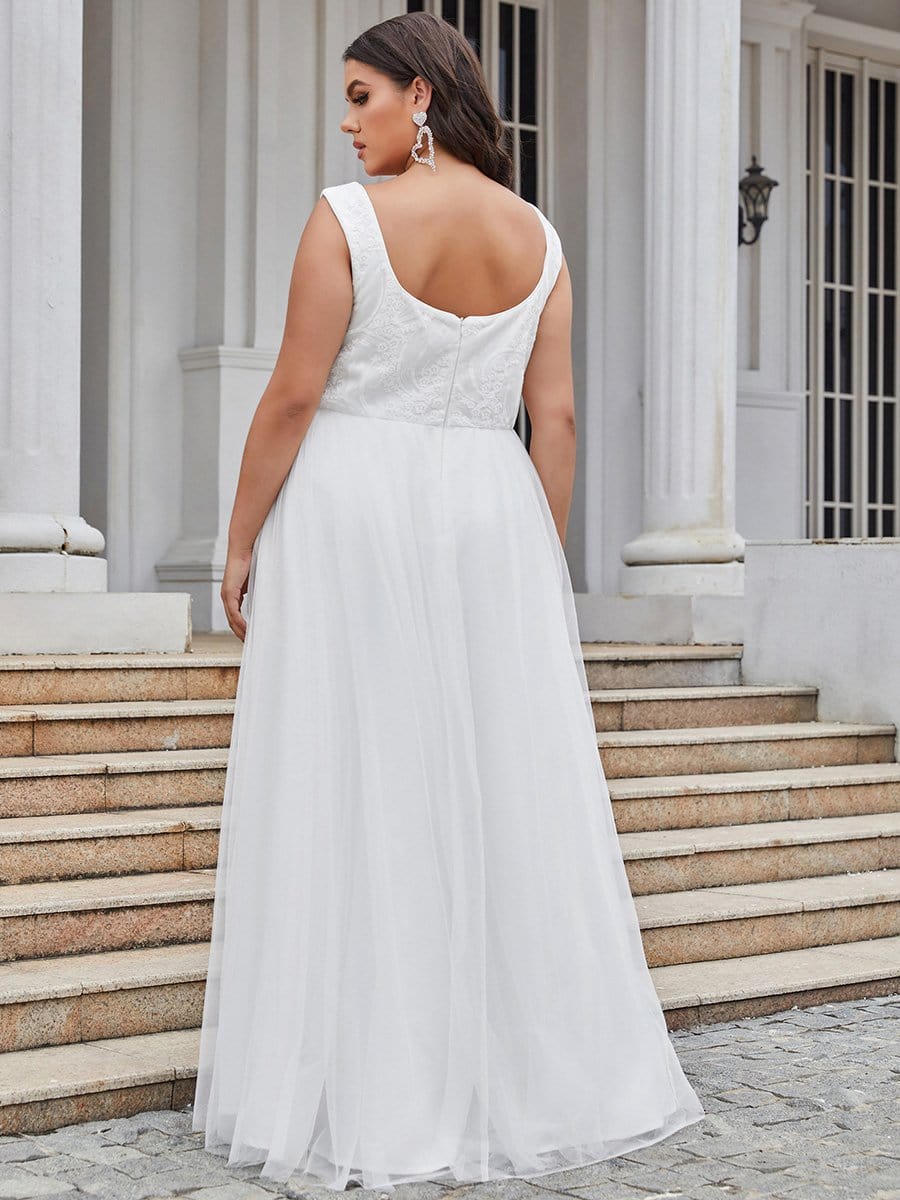 Color=Cream | A Line Floral Applique Long Plus Size Wedding Dress-Cream 2