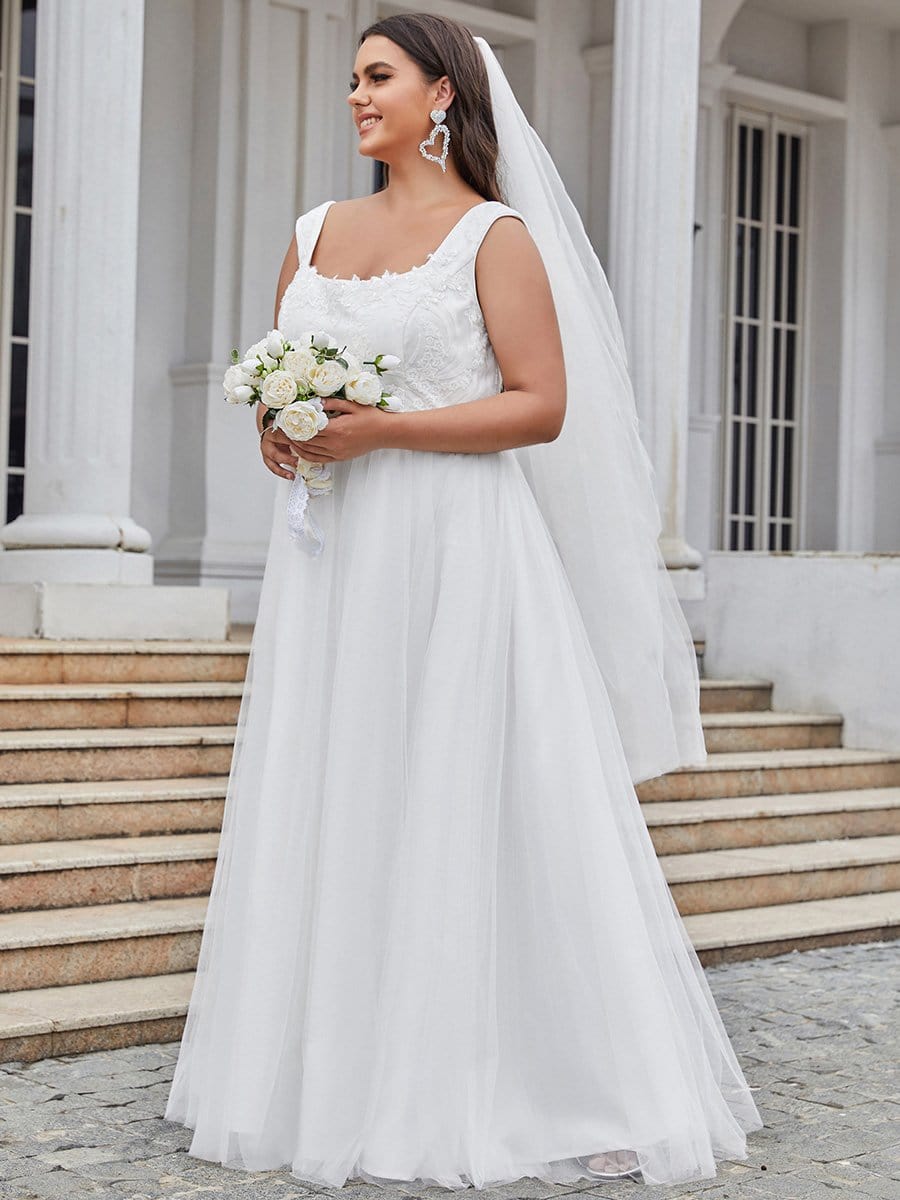 Color=Cream | A Line Floral Applique Long Plus Size Wedding Dress-Cream 3