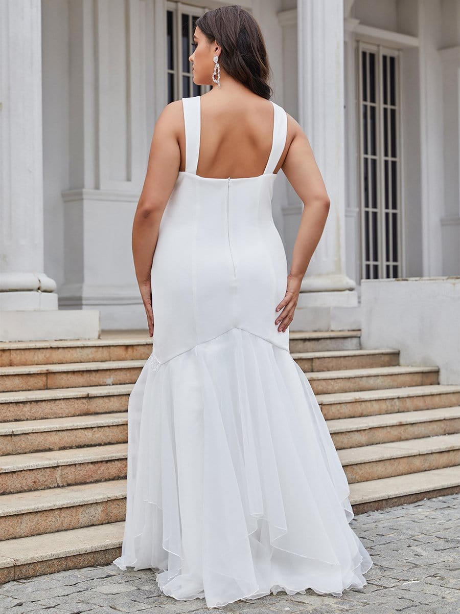 Color=Cream | Elegant Plus Size V Neck Mermaid Wedding Dress-Cream 2