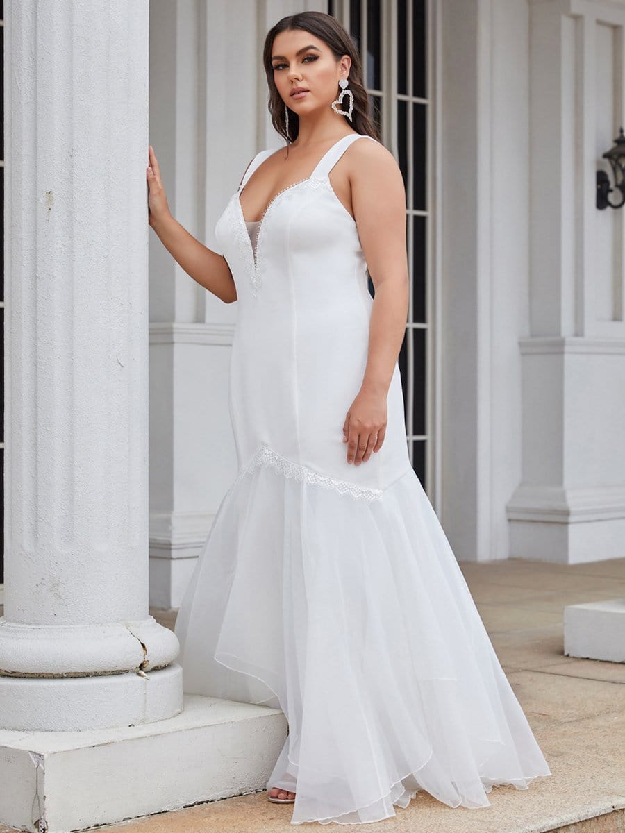 Color=Cream | Elegant Plus Size V Neck Mermaid Wedding Dress-Cream 3