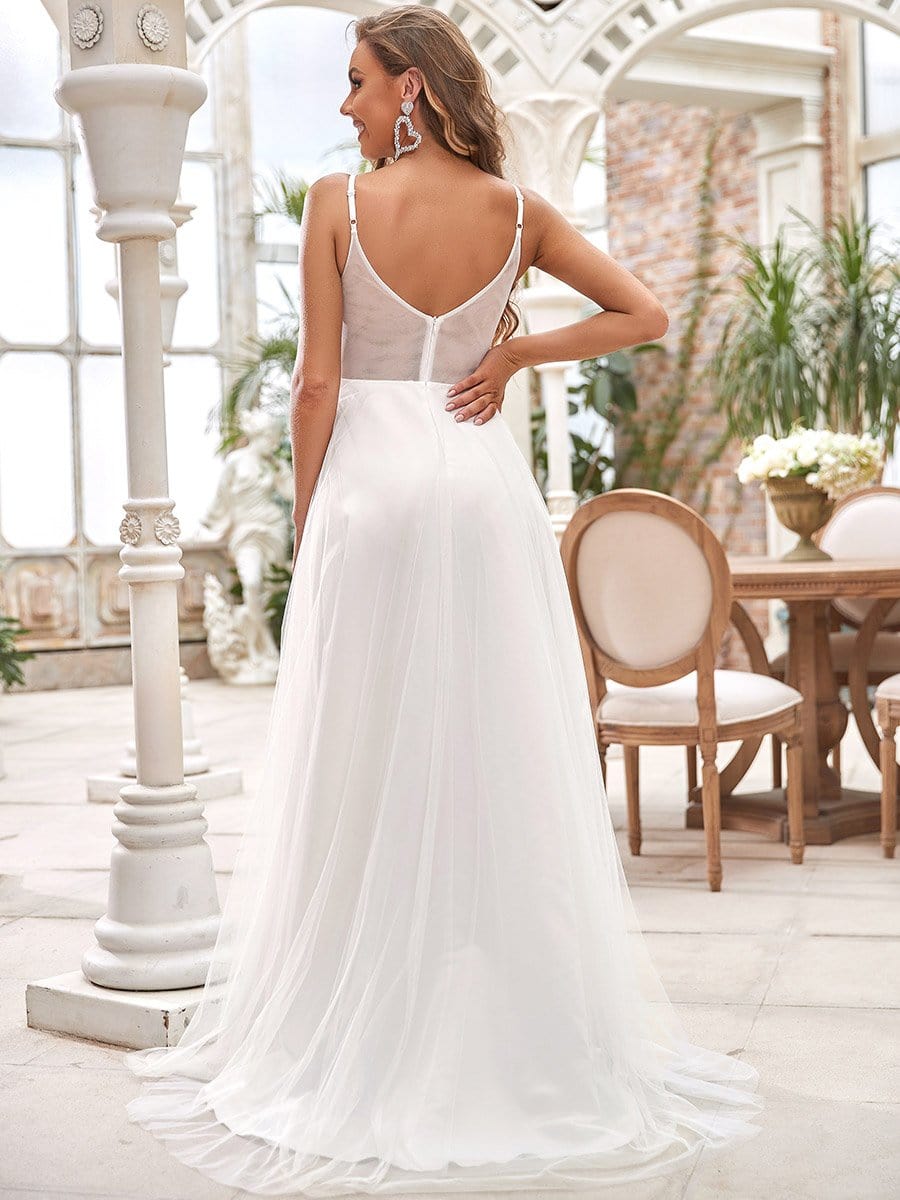 Color=Cream | Sexy V Neck Spaghetti Straps Applique Backless Wedding Dress-Cream 2