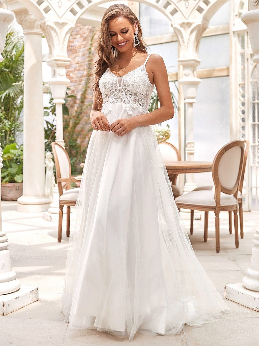 Color=Cream | Sexy V Neck Spaghetti Straps Applique Backless Wedding Dress-Cream 5