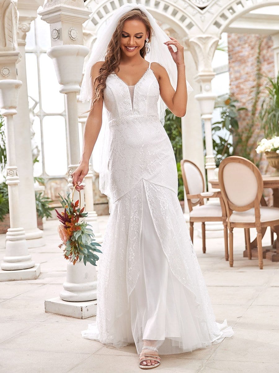 Color=Cream | V-Neck Sleeveless Mermaid Maxi Wedding Dress-Cream 1