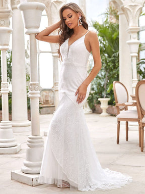 Color=Cream | V-Neck Sleeveless Mermaid Maxi Wedding Dress-Cream 5