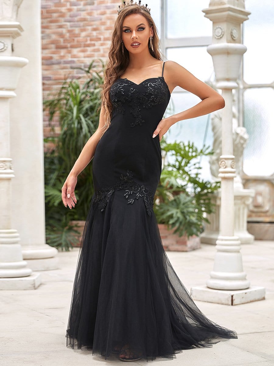 Color=Black | Elegant Sweetheart Applique Mermaid Maxi Black Wedding Dress-Black 1
