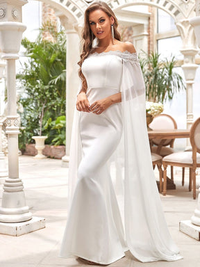 Color=Cream | Stylish Chiffon Cloak Off Shoulder Mermaid Wedding Dress-Cream 3