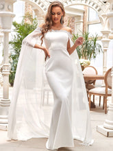 Color=Cream | Stylish Chiffon Cloak Off Shoulder Mermaid Wedding Dress-Cream 1