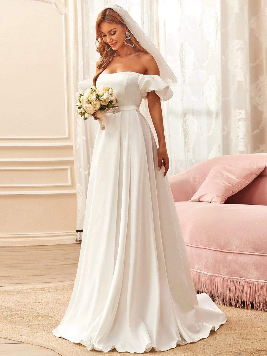 Color=Cream | Off Shoulders Puff Sleeves Princess Wedding Dress-Cream 1
