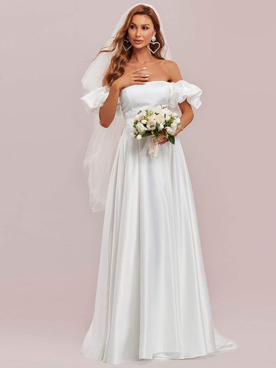 Color=Cream | Off Shoulders Puff Sleeves Princess Wedding Dress-Cream 4