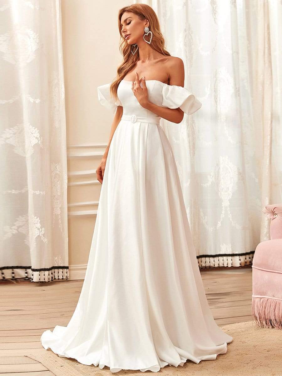Color=Cream | Off Shoulders Puff Sleeves Princess Wedding Dress-Cream 2