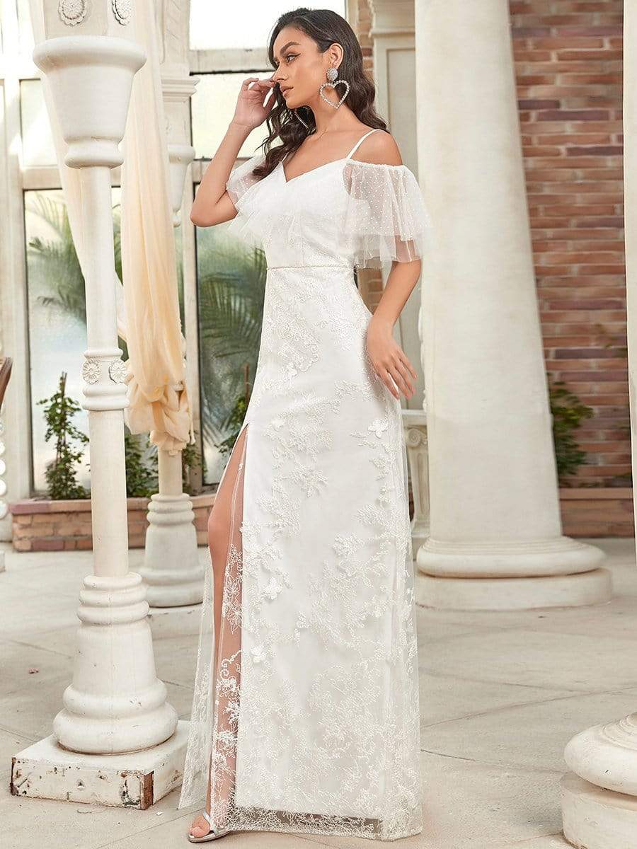 Color=White | Cold Shoulder Ruffle Slit Wedding Dress-White 3