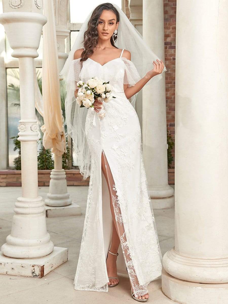 Color=White | Cold Shoulder Ruffle Slit Wedding Dress-White 1