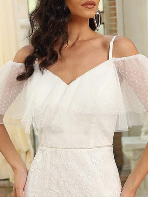 Color=White | Cold Shoulder Ruffle Slit Wedding Dress-White 7