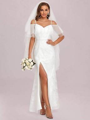 Color=White | Cold Shoulder Ruffle Slit Wedding Dress-White 5