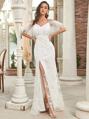 Color=White | Cold Shoulder Ruffle Slit Wedding Dress-White 4