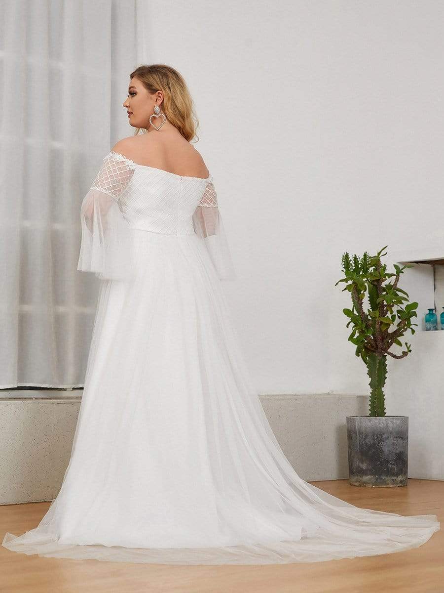 Color=Cream | Plus Size Off Shoulder Sweetheart Floor Length Wedding Dress-Cream 2