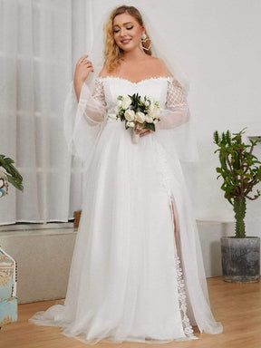 Color=Cream | Plus Size Off Shoulder Sweetheart Floor Length Wedding Dress-Cream 1