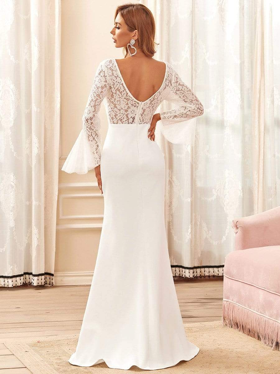 Color=Cream | Elegant Deep V Lace Long Sleeve Mermaid Wedding Dress-Cream 2