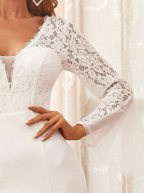 Color=Cream | Elegant Deep V Lace Long Sleeve Mermaid Wedding Dress-Cream 4