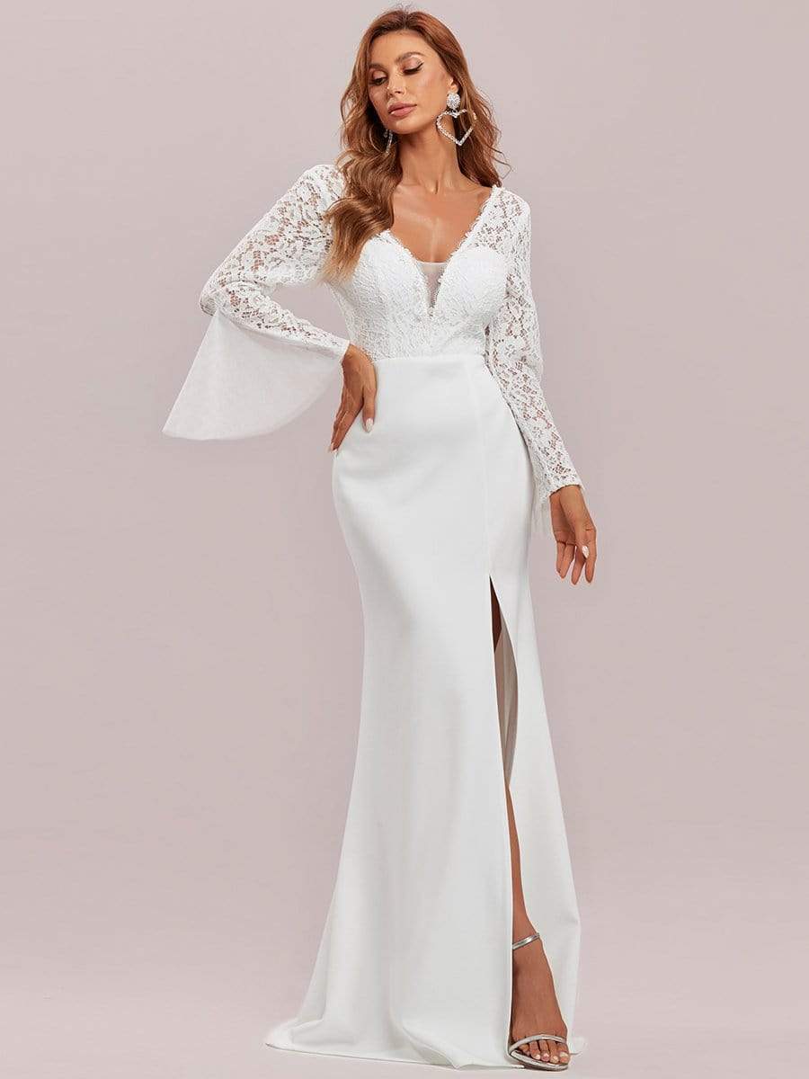Color=Cream | Elegant Deep V Lace Long Sleeve Mermaid Wedding Dress-Cream 3